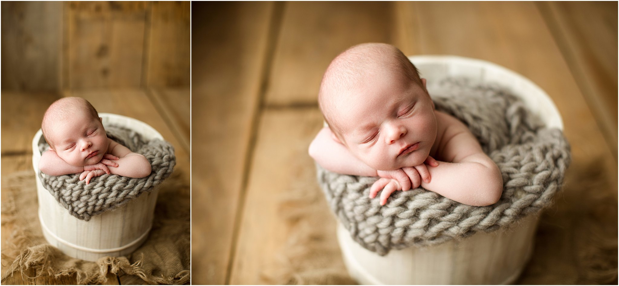 baby boy in cream bucket with gray knit layer