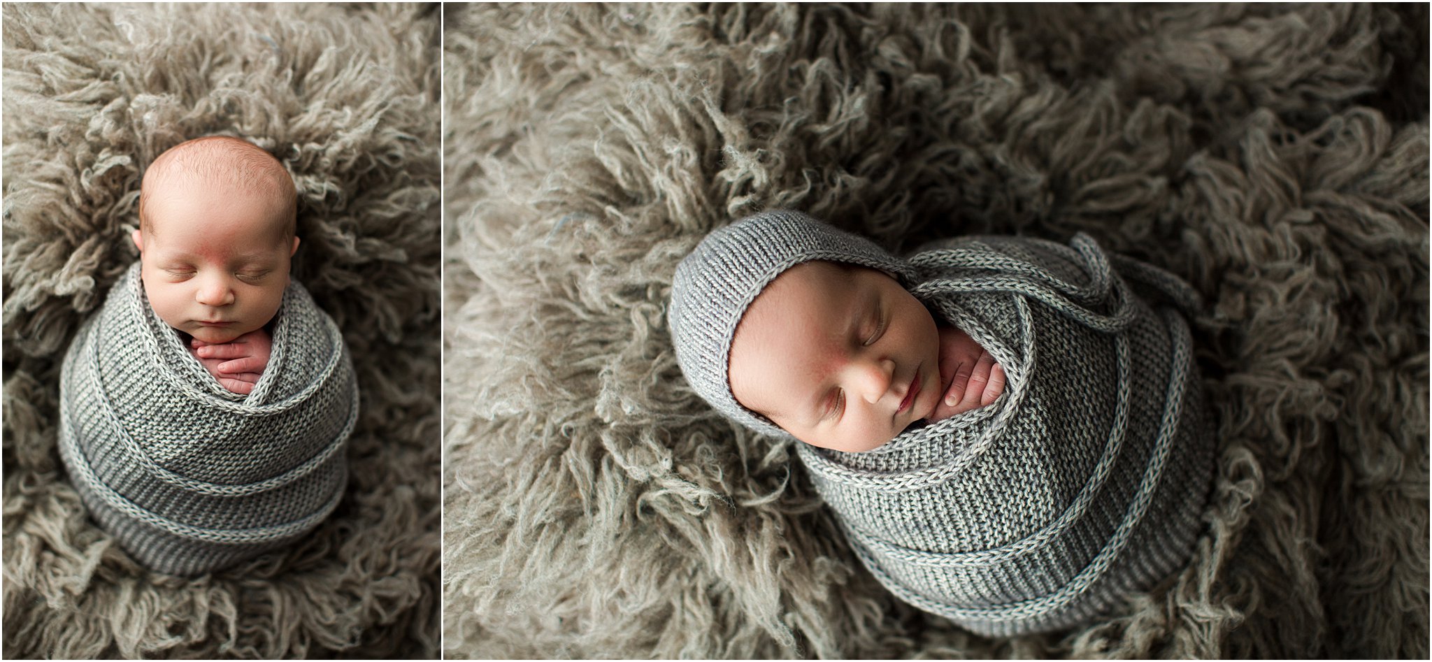 baby boy wrapped in gray knit wrap on flokati rug