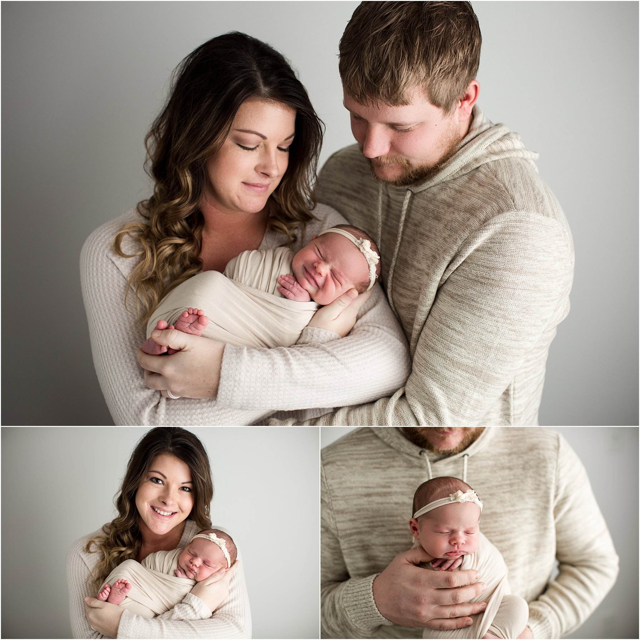 family of three with newborn baby girl dressed in neutral colors