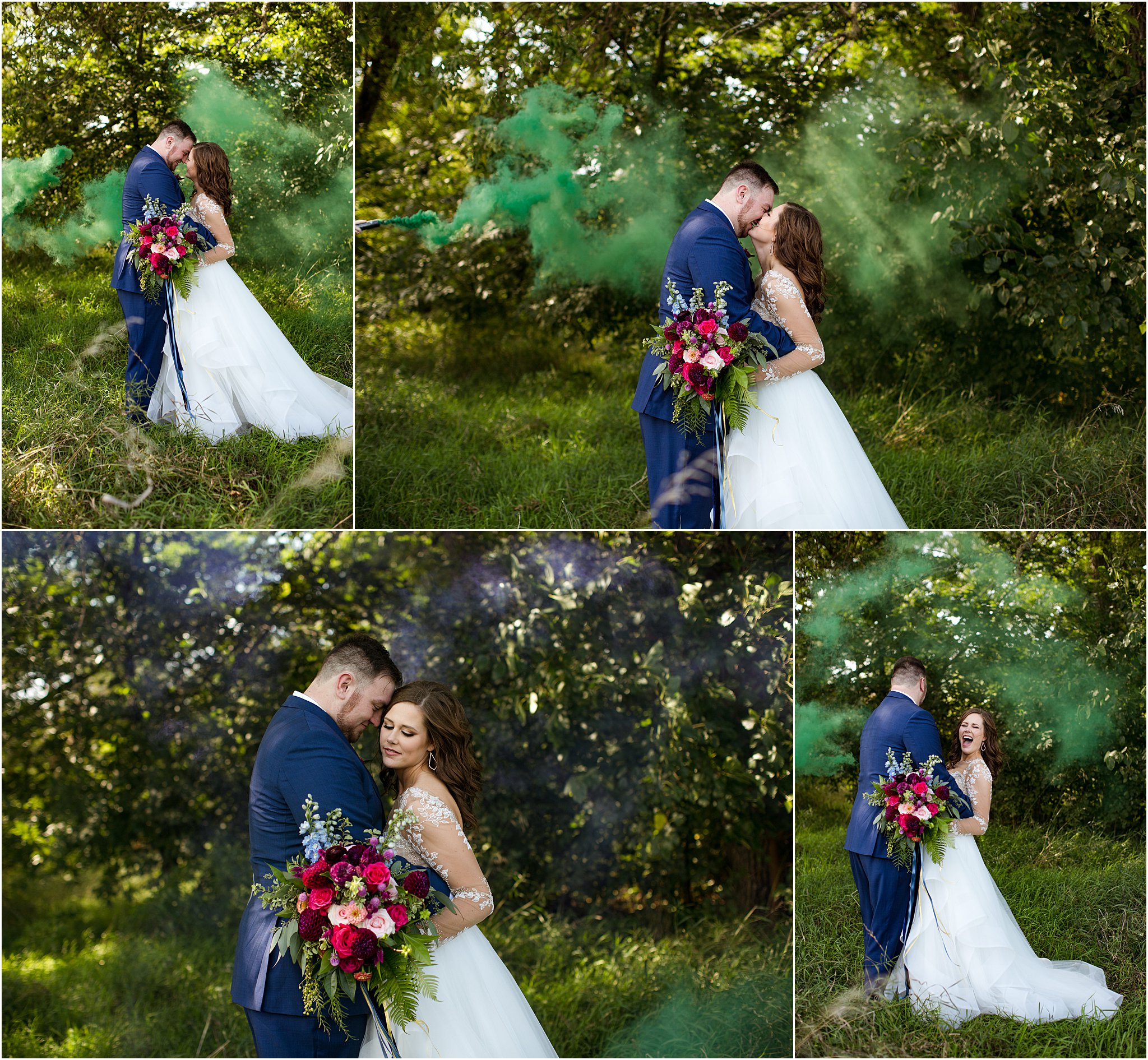 bride and groom portraits with green and blue smoke bombs