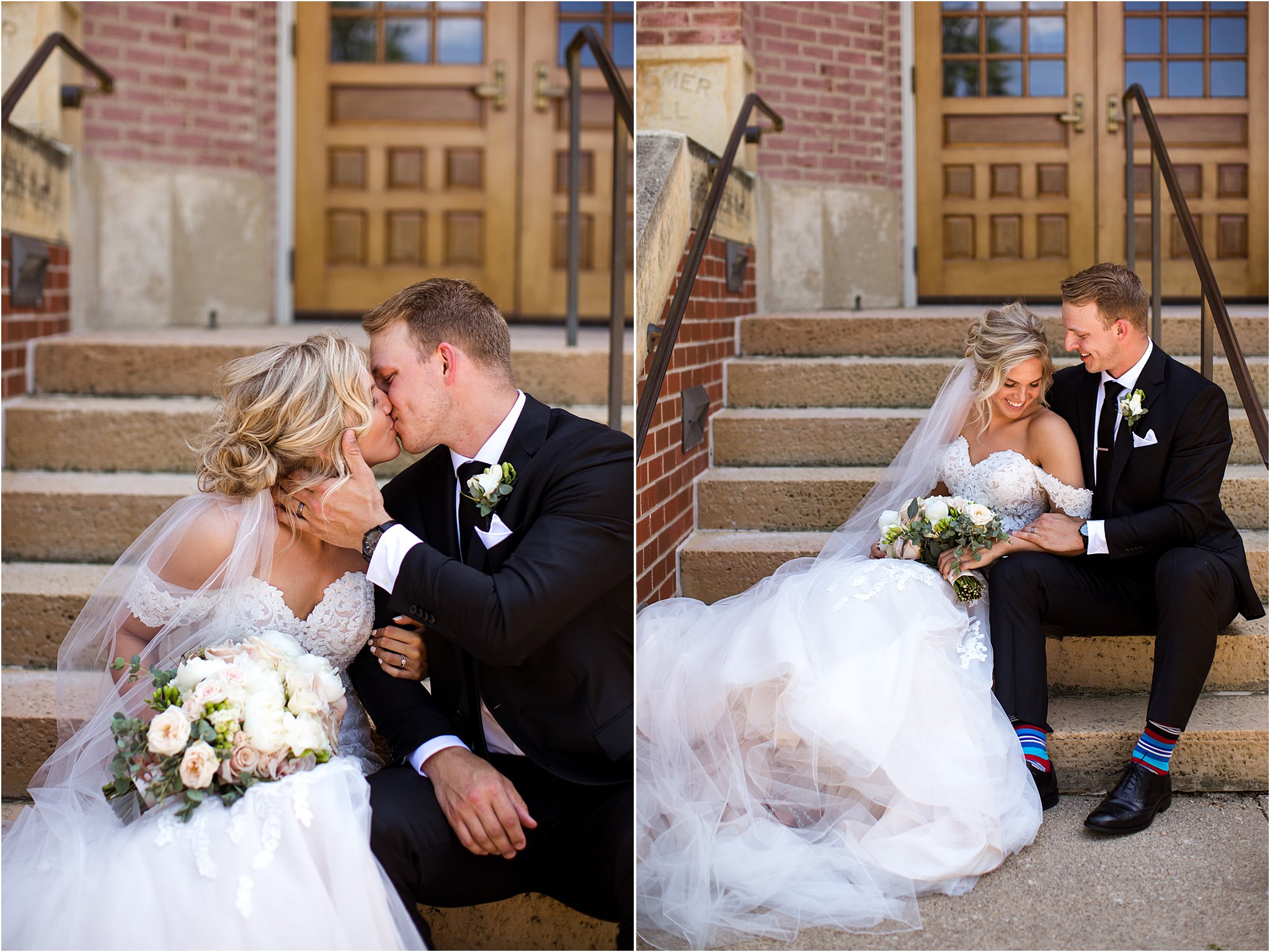 bride and groom sitting on steps together