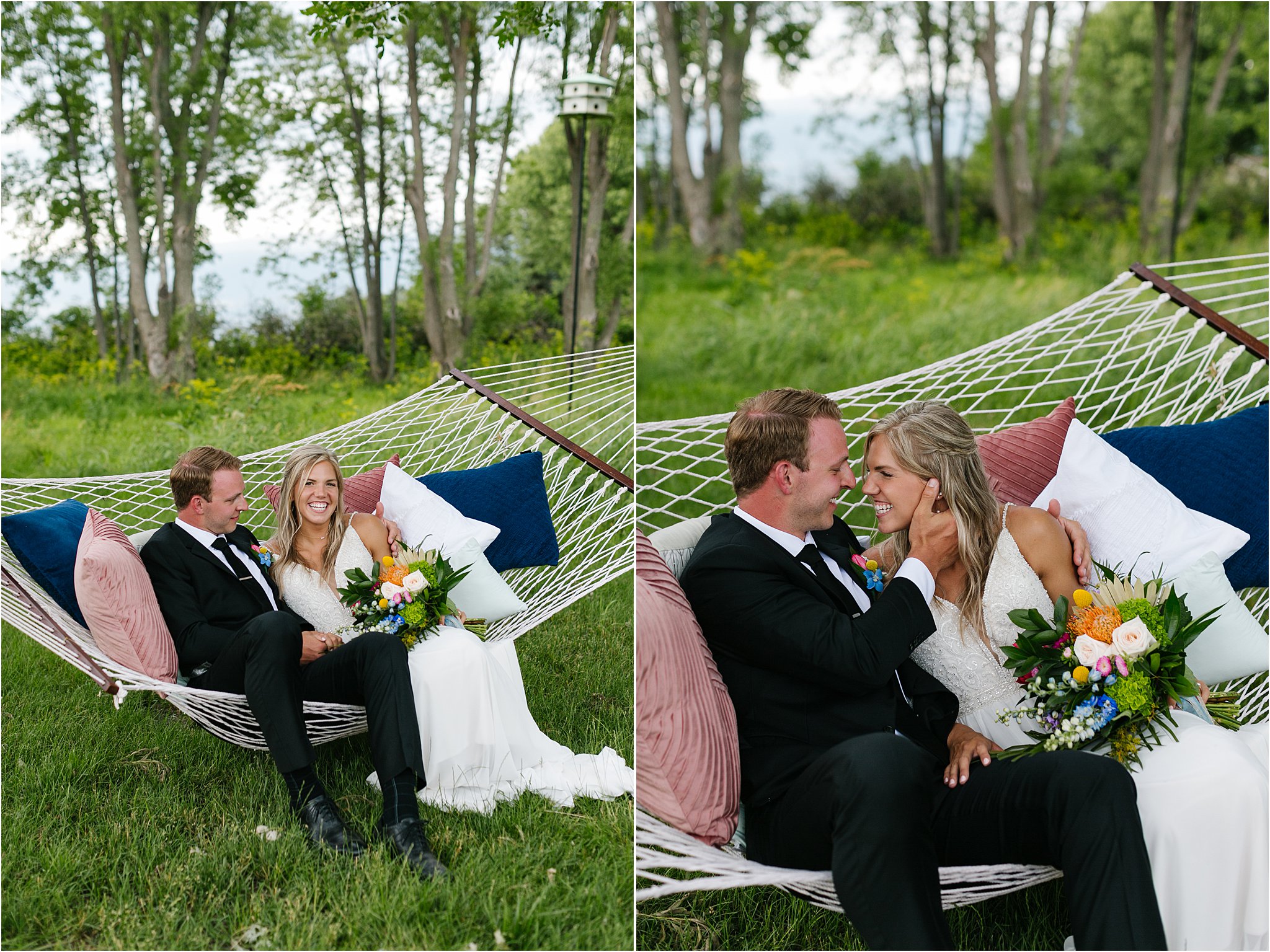 bride and groom kissing in hammock with pillows