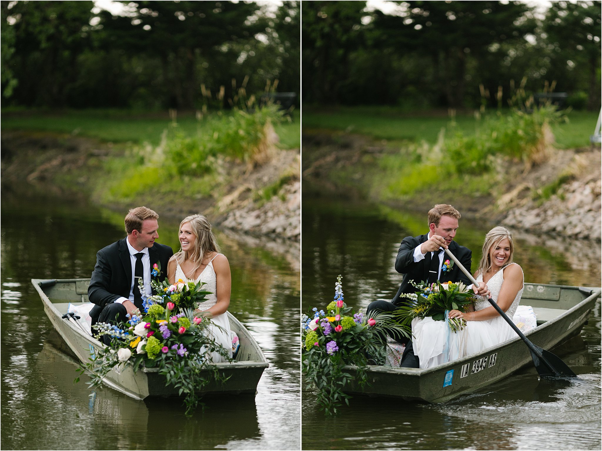 bride and groom paddling boat on pond