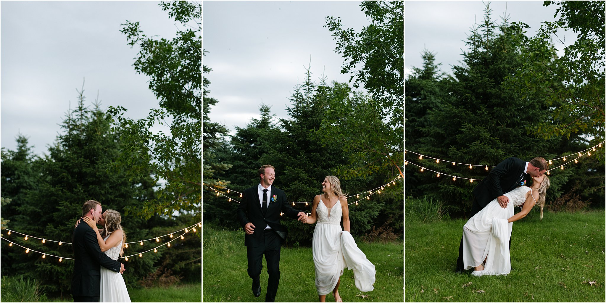 wedding couple dancing outdoors with lights