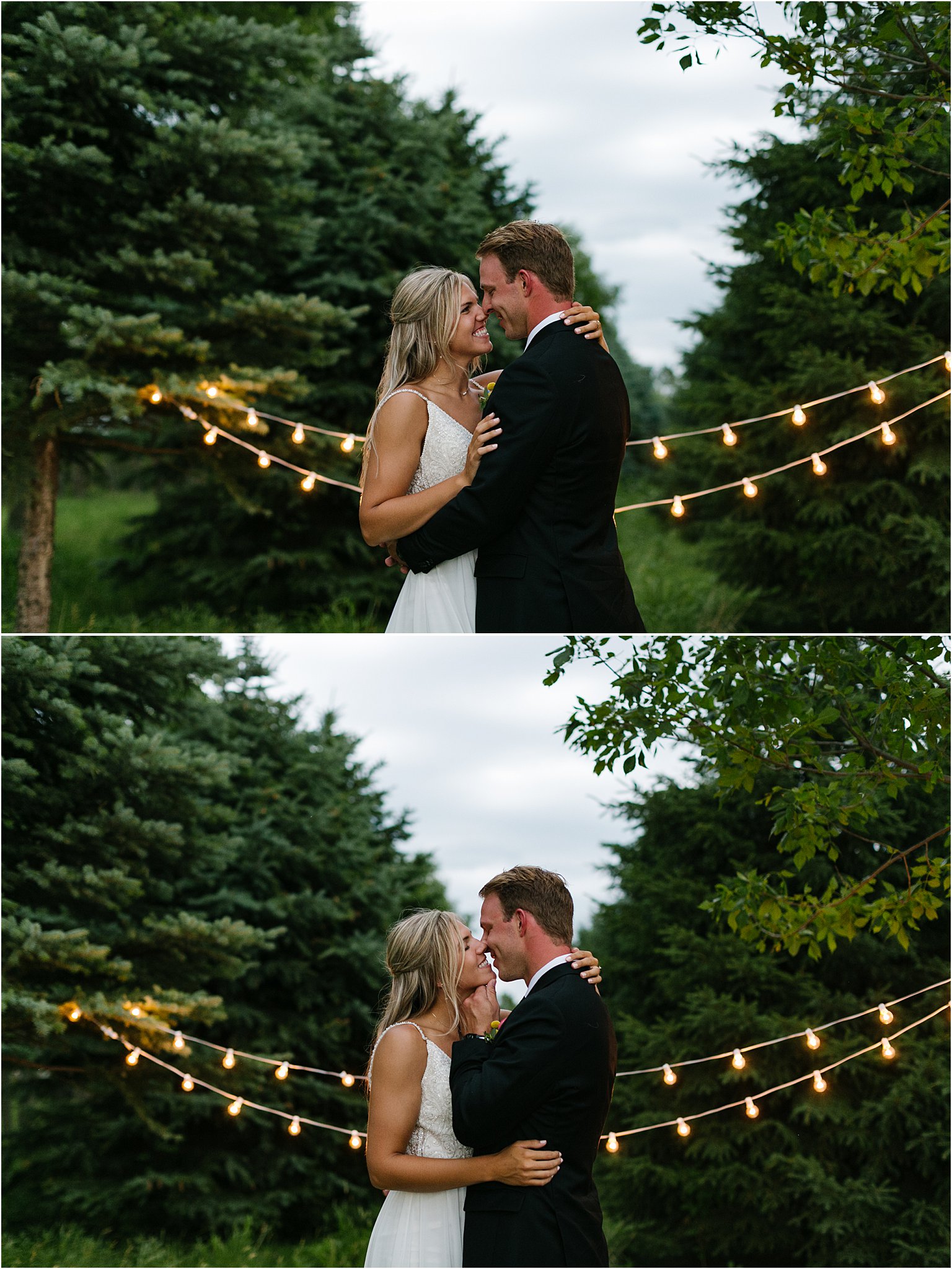 wedding couples first dance outside with lights