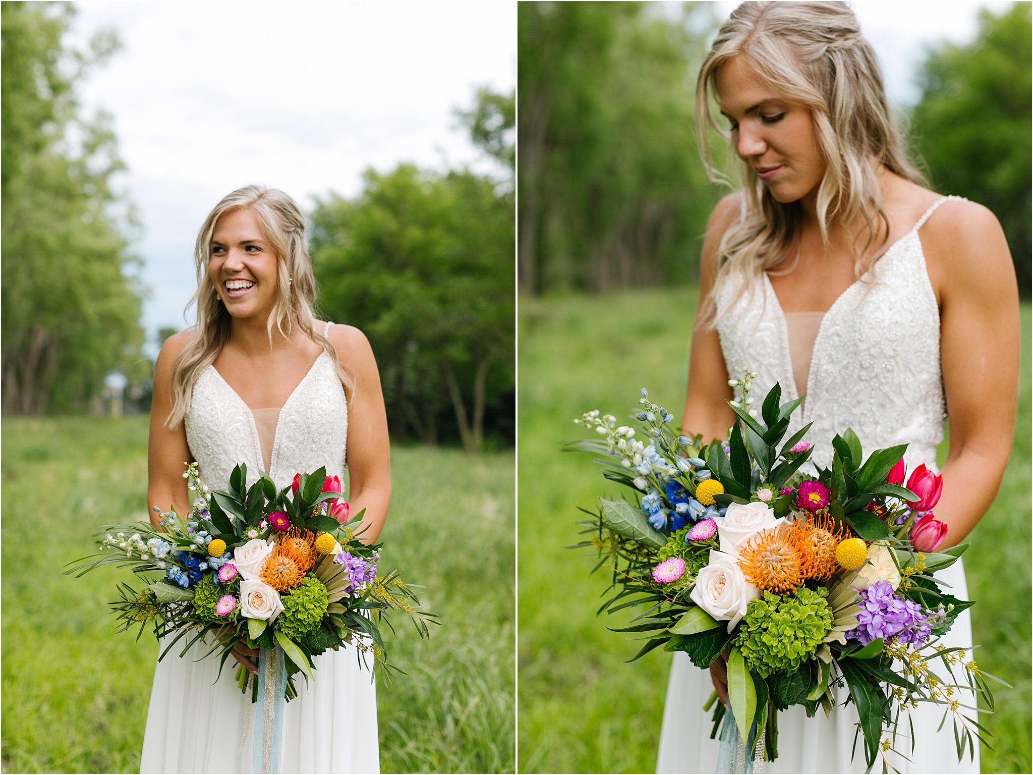 bride with colorful bright bouquet
