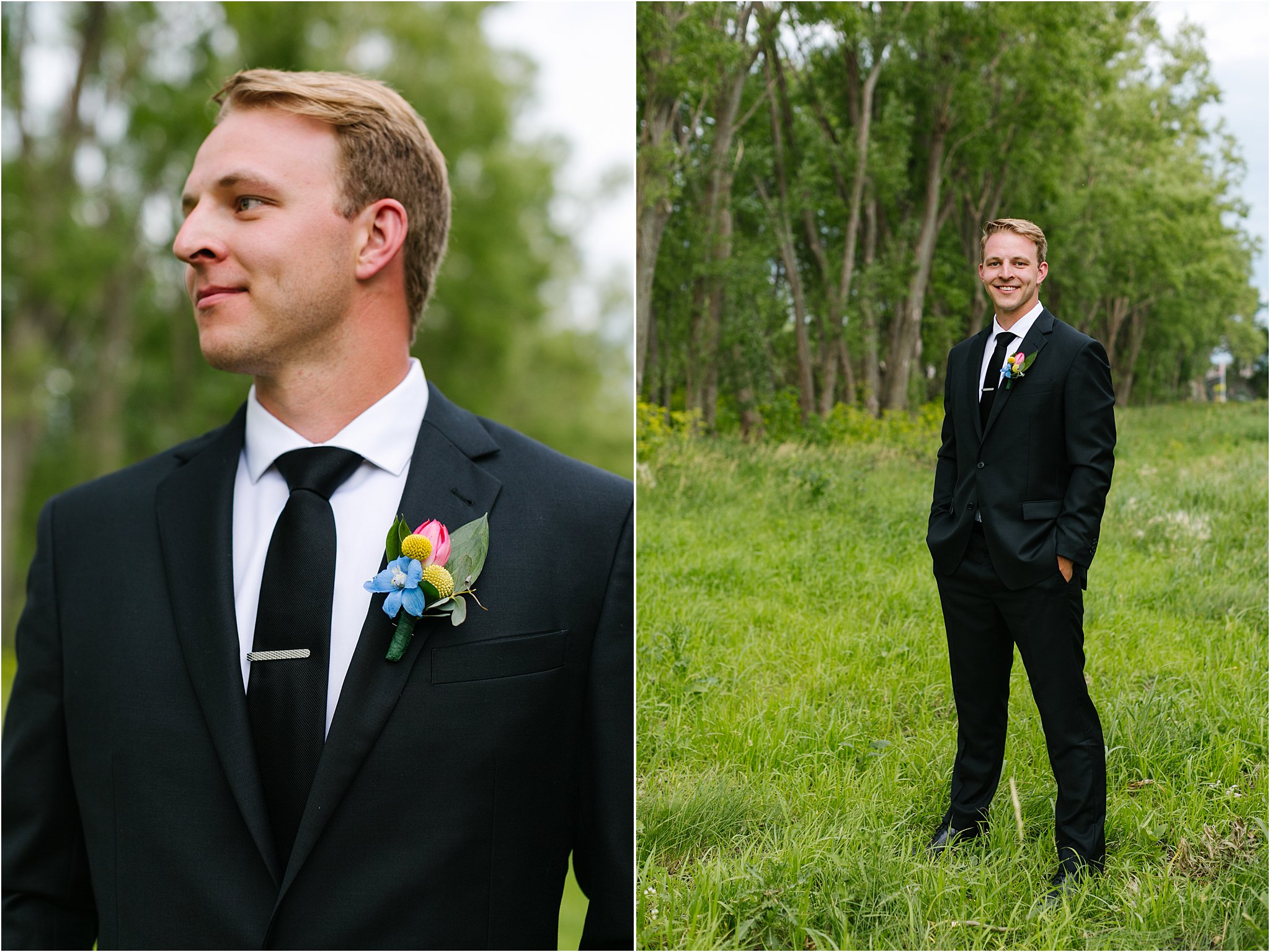 groom with colorful flower black tux