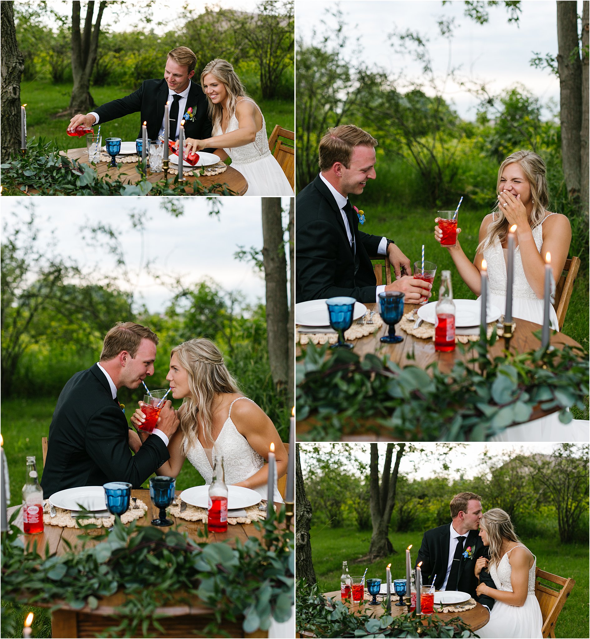 wedding couple sharing red soda